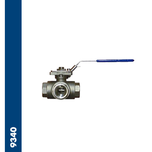 Three ways reduced bore universal ball valves as T PORT Inox AISI 316, threaded ends BSPP F/F/F, ISO 5211 mounting pad