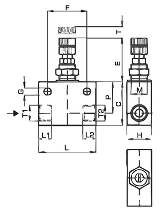 Disegno Tecnico ASF-B Regolatore di flusso bidirezionale filetto femmina cilindrico BSPP in alluminio