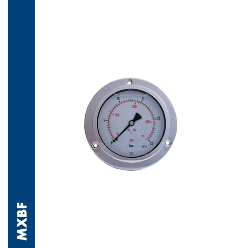 Filled pressure gauge with 3 holes flange and Inox AISI 304 case, spring & hub in brass, BSPP thread, according to directive EN 837-1 / 7,3