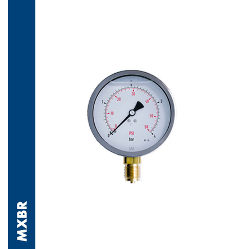 Manometro in glicerina con cassa INOX AISI 304, perno e molla in ottone, attacco radiale, filetto cilindrico BSPP, a norma EN 837-1 / 7,3