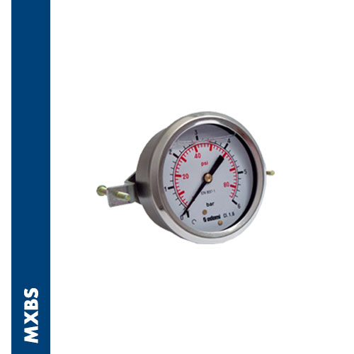 Filled pressure gauge with back clamp and Inox AISI 304 case, spring & hub in brass, BSPP thread, according to directive EN 837-1 / 7,3