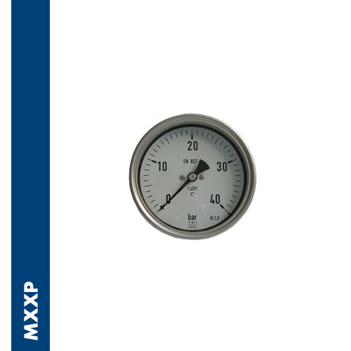 Stainless steel unfilled pressure gauge for the chemistry with Inox AISI 304 case, spring & hub in Inox AISI 316, back connection, BSPP thread, according to directive EN 837-1 / 7,3