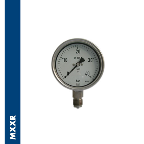 Immagine MXXR - Stainless steel unfilled pressure gauge for the chemistry with Inox AISI 304 case, spring & hub Inox AISI 316, bottom connection, BSPP thread, according to directive EN 837-1 / 7,3