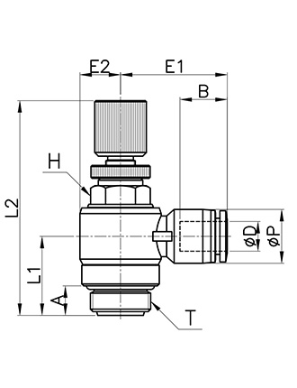 Disegno Tecnico NSCP-G Regolatore di flusso a banjo con scarico manuale, cilindrico BSPP & metrico per cilindri nichelati