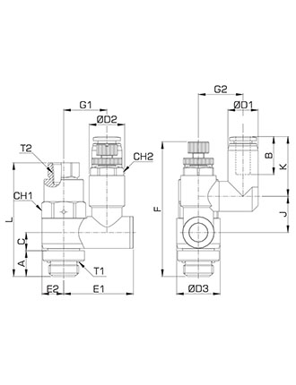 Disegno Tecnico PVSC-G Regolatore di flusso con valvola di blocco pilotata cilindrico BSPP nichelato