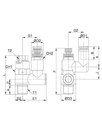 Disegno Tecnico PVSC Regolatore di flusso con valvola di blocco pilotata conico BSPT nichelato